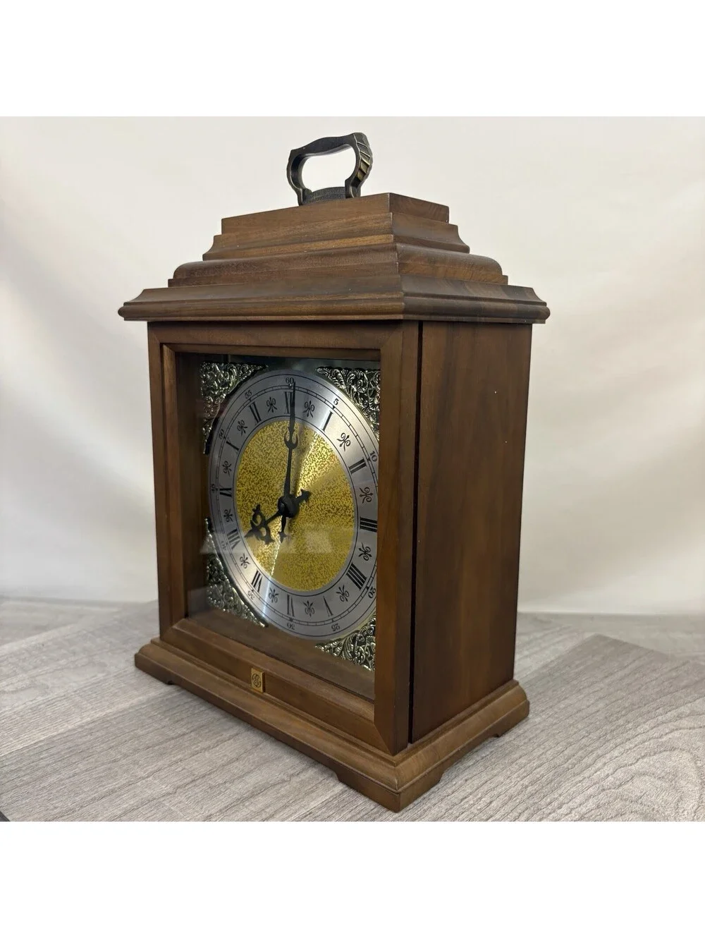Hermle Quartz Mantel Clock Walnut Case West Germany Gold Dial Roman Numerals